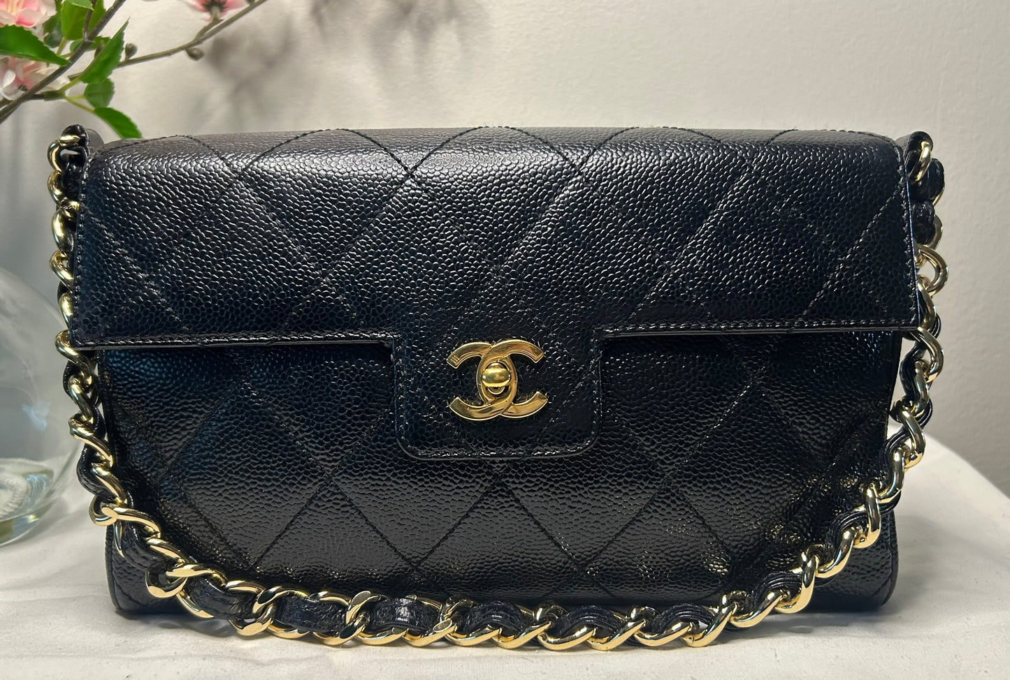 CHANEL Medium Classic Single Flap Quilted Caviar Handbag Black / 24k Gold RARE