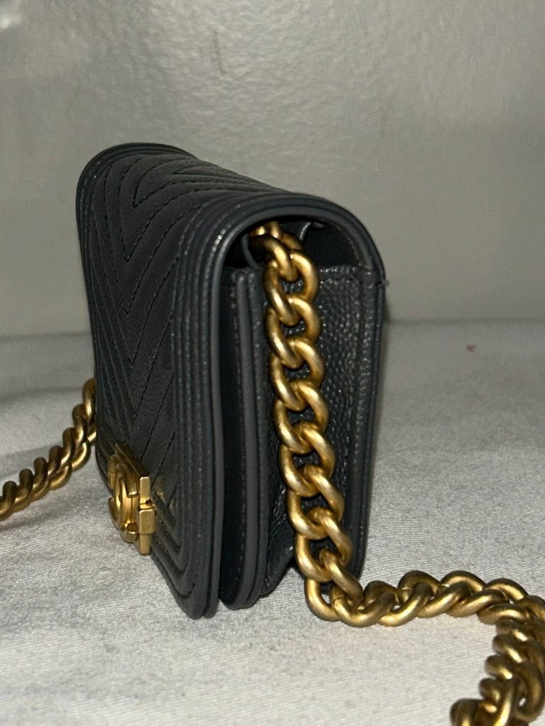 CHANEL Boy Chevron Quilted Caviar Leather Belt Bag in Dark Gray
