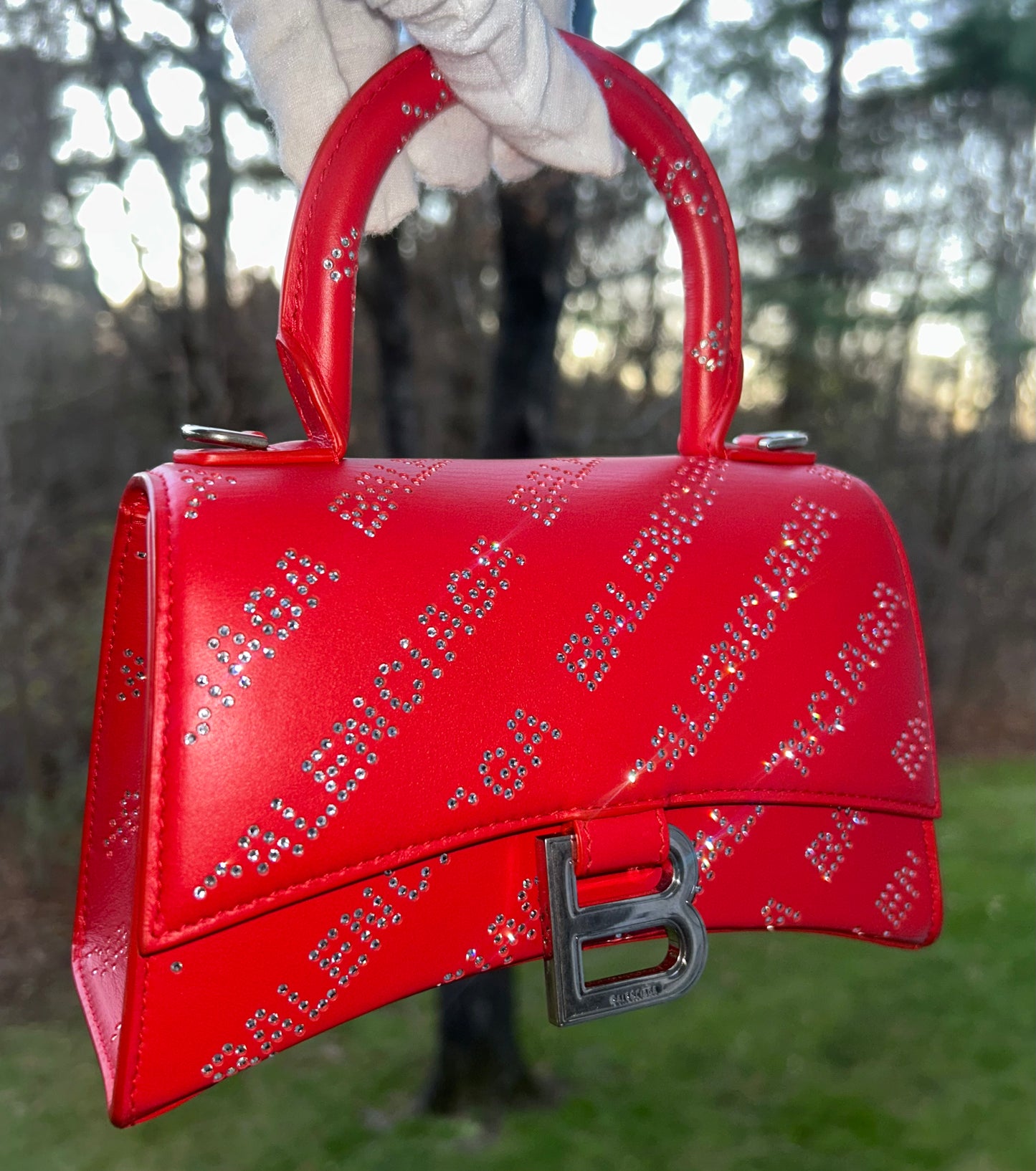 BALENCIAGA Hourglass XS Crystal Rhinestone Logo Leather Handbag Red