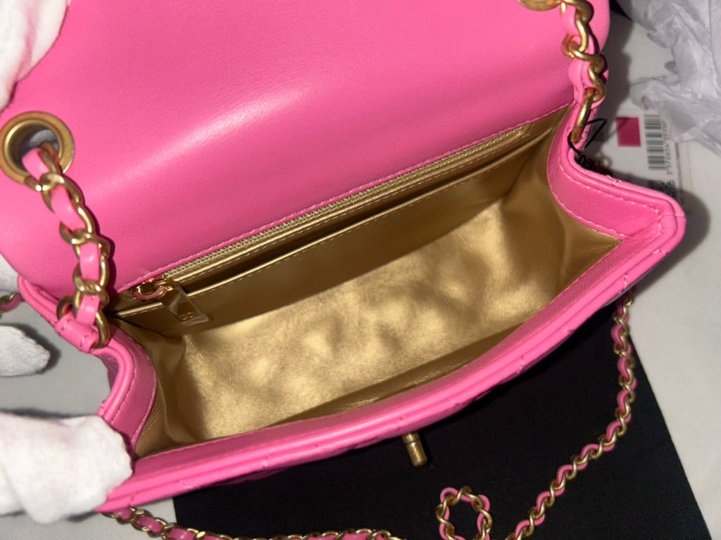 CHANEL Mini Square Pearl Crush Flap Bag Quilted Lambskin Pink / Gold