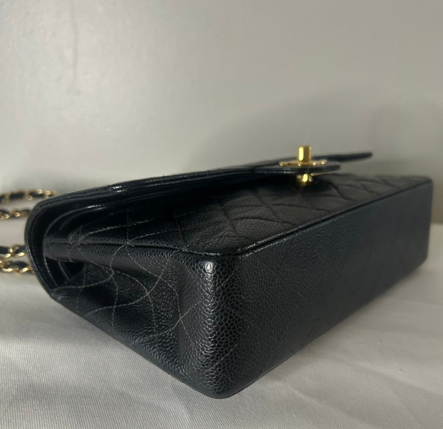 CHANEL Classic Medium Double Flap Quilted Caviar Leather Handbag Black/24K Gold