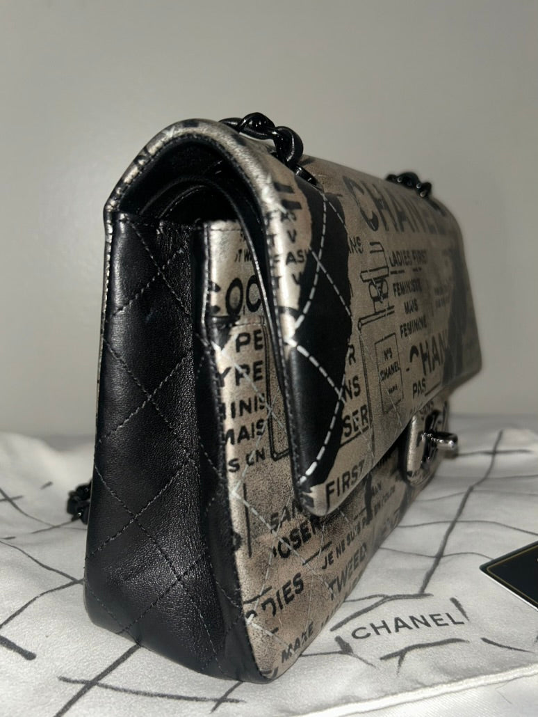 CHANEL Graffiti Newspaper Logo Medium Double Flap Lambskin Handbag Black/Silver