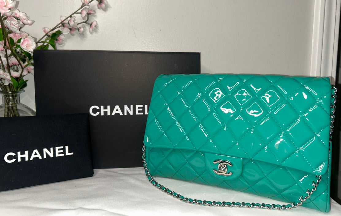 CHANEL CC Classic Quilted Patent Leather Single Flap Shoulder Bag Turquoise