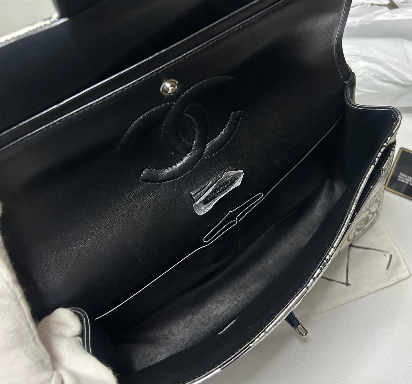 CHANEL Graffiti Newspaper Logo Medium Double Flap Lambskin Handbag Black/Silver