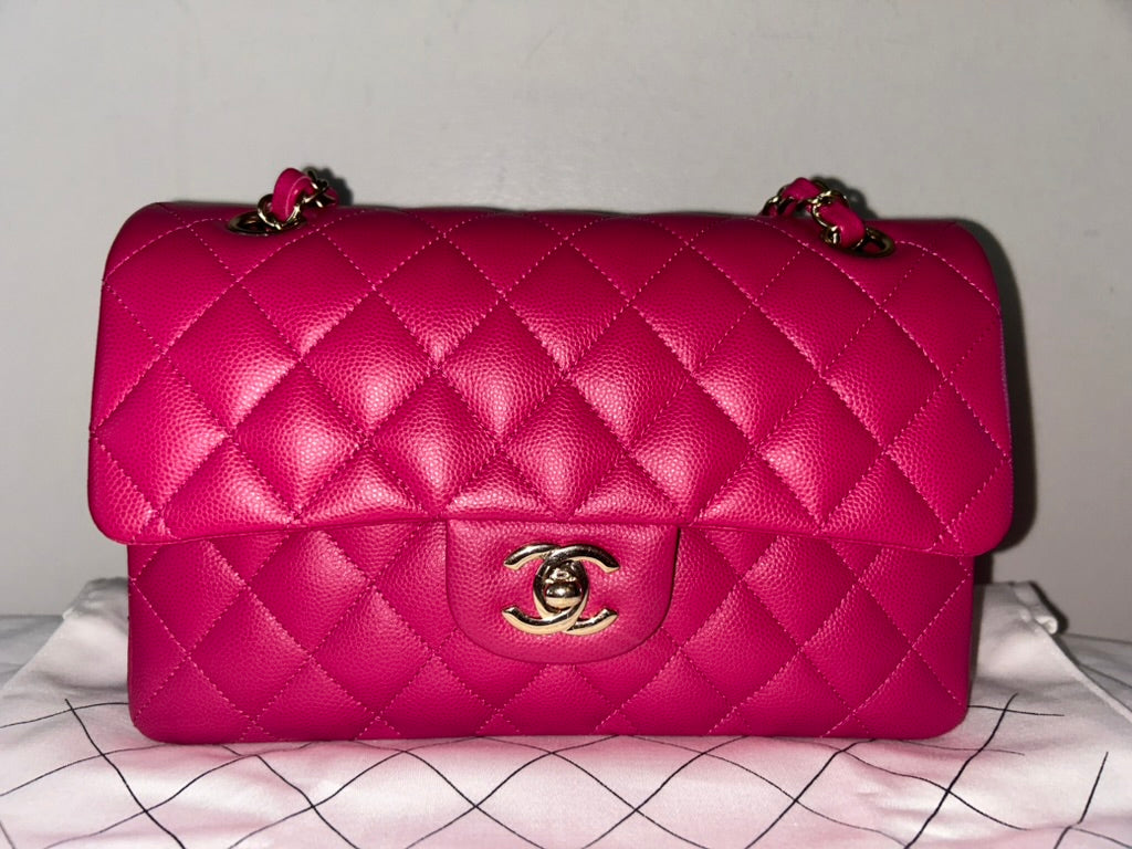 CHANEL 21A Classic CC Small Double Flap Quilted Caviar Handbag Pink/Light Gold