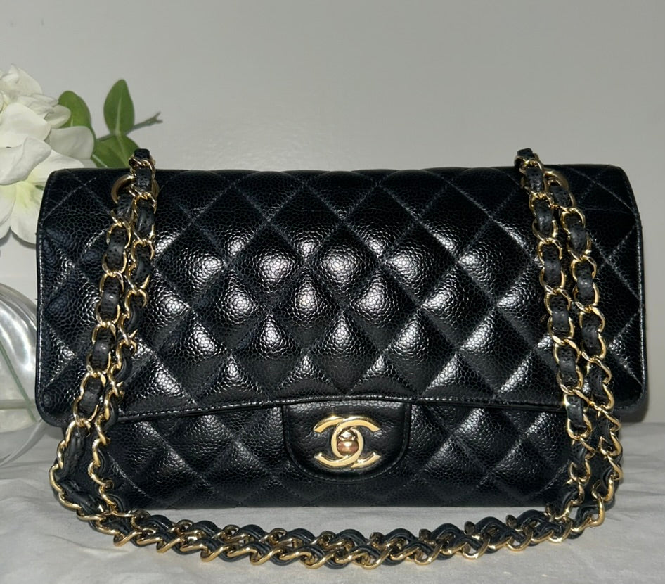 CHANEL Medium Classic Double Flap Caviar Quilted Handbag Black / Gold