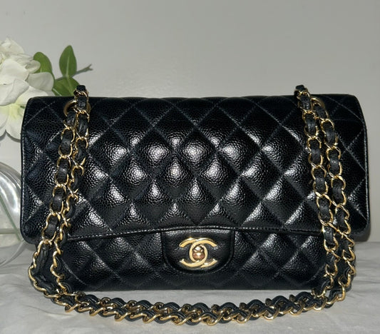 CHANEL Medium Classic Double Flap Caviar Quilted Handbag Black / Gold