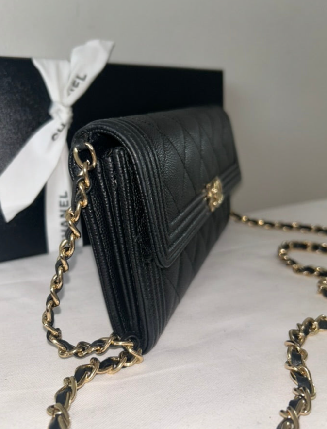 CHANEL CC Boy Wallet on Chain WOC Crossbody Quilted Caviar Leather Black/Gold