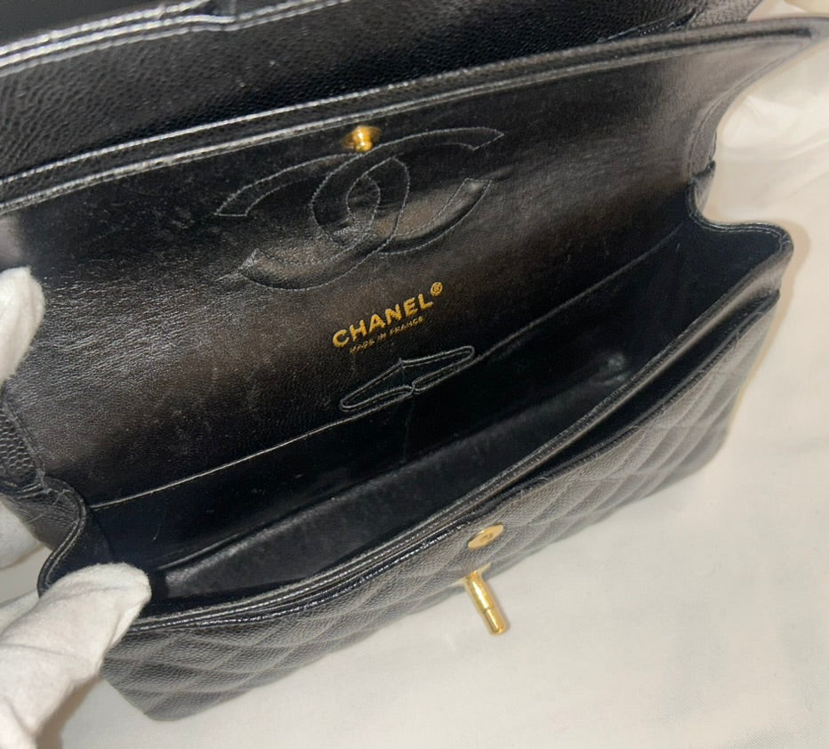 CHANEL Medium Classic Double Flap Caviar Quilted Handbag Black / 24k Gold