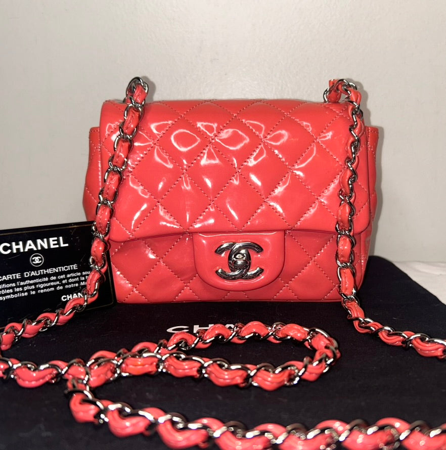 CHANEL Classic Mini Square Flap Bag Quilted Patent Leather Pink