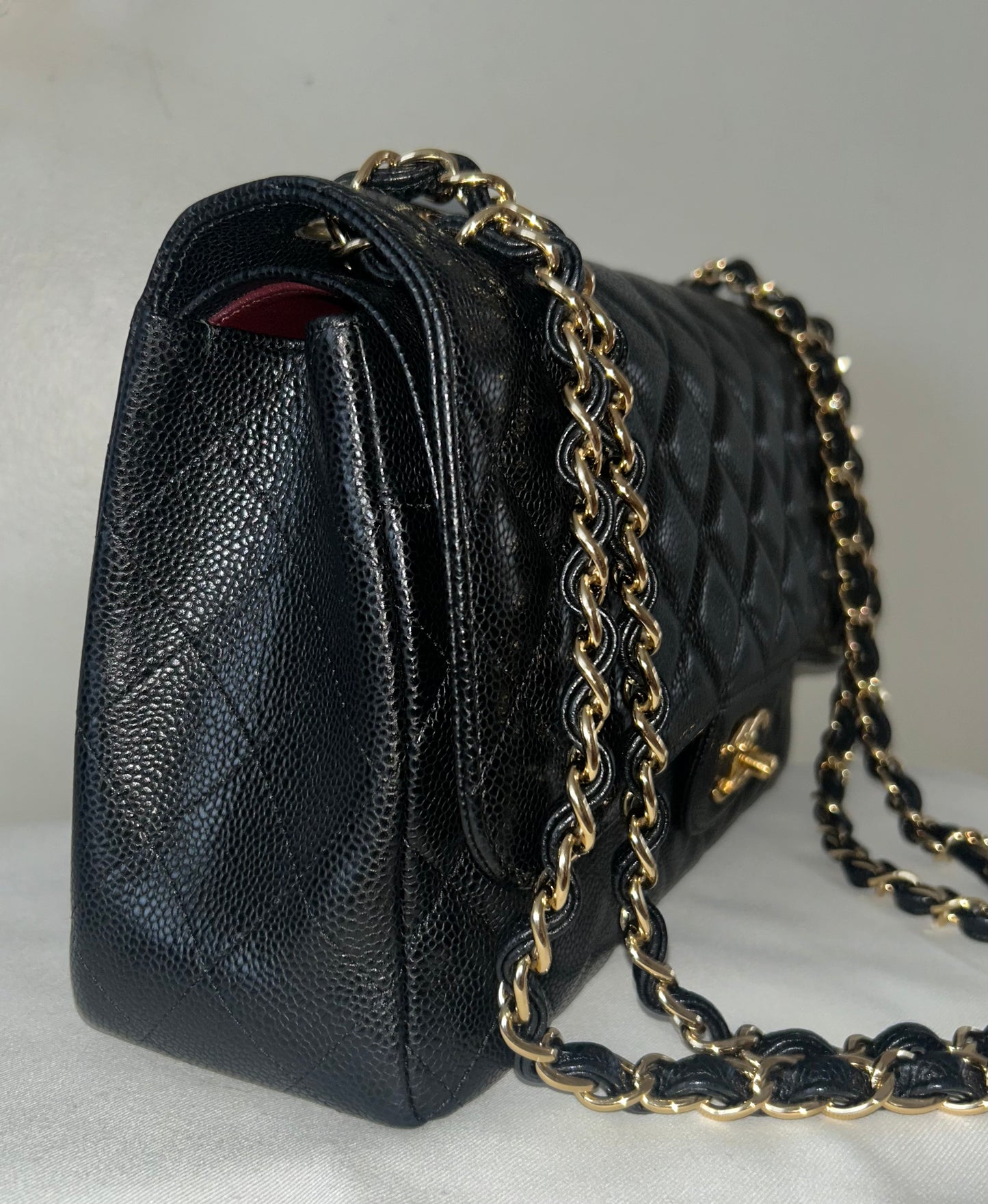 CHANEL Classic Jumbo Double Flap Quilted Caviar Leather Handbag Black/Gold