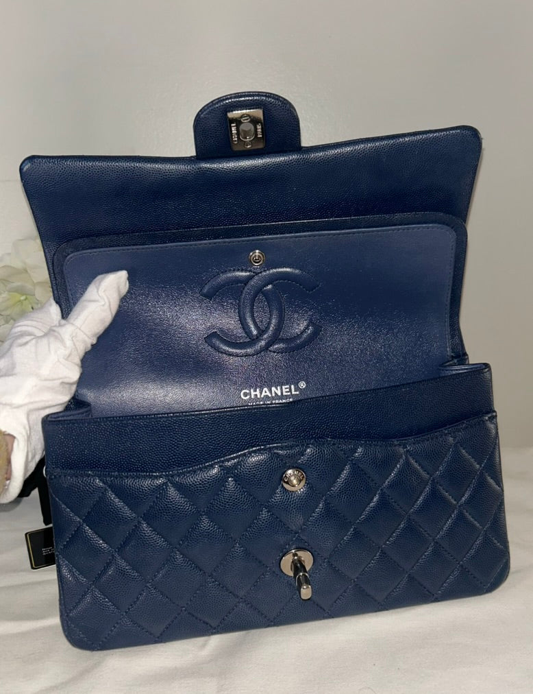 CHANEL Medium Classic Double Flap Caviar Quilted Handbag Dark Navy