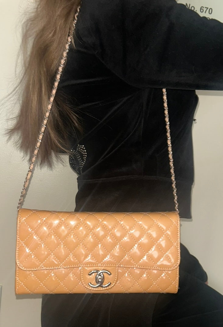 CHANEL Classic Quilted Patent Leather East West WOC Shoulder Bag Beige