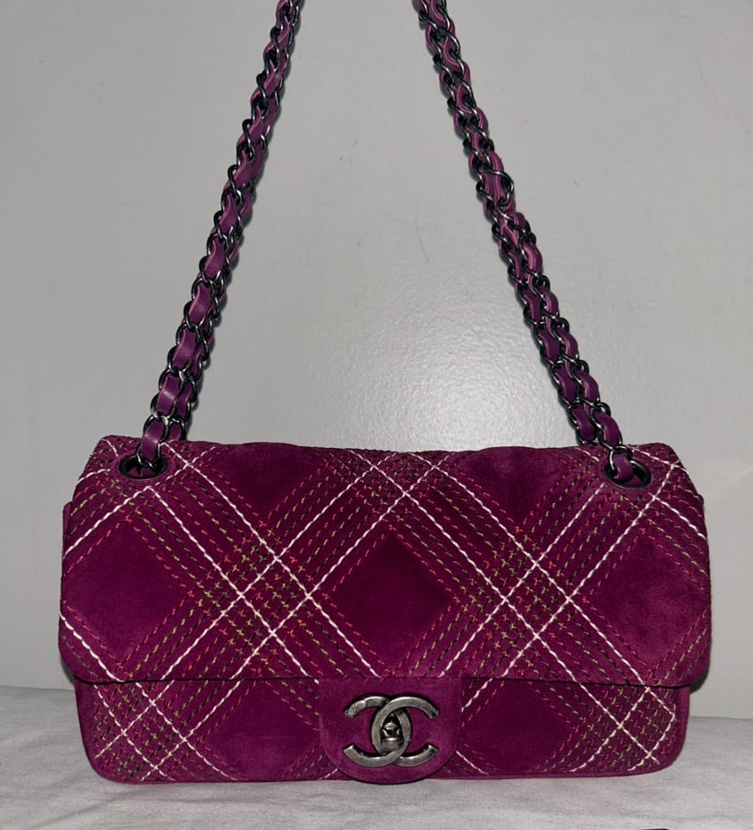 CHANEL Classic Quilted Suede Leather Medium Shoulder Bag Dark Purple