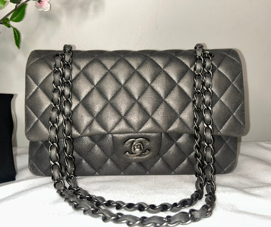 CHANEL Medium Double Flap Metallic Gray Pearlescent Leather Quilted Handbag