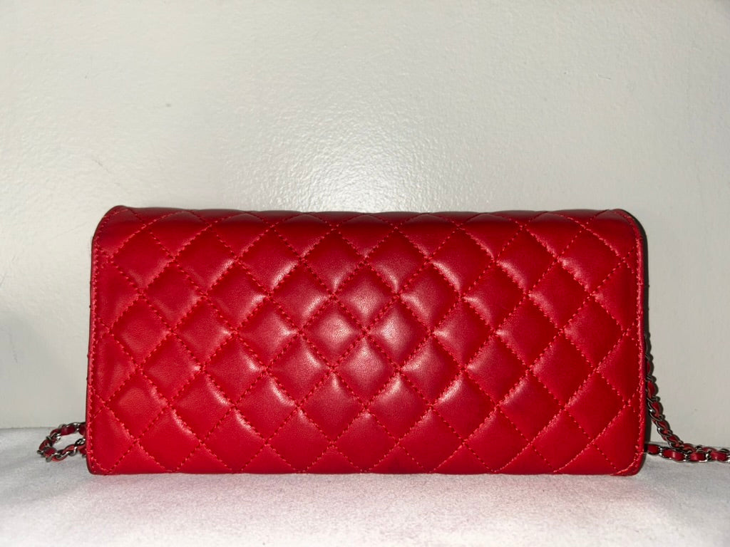 CHANEL Classic Quilted Lambskin Leather East West Shoulder Bag Red