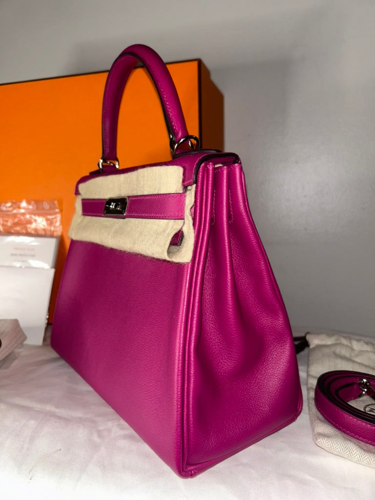 HERMES Kelly 28 Rose Pourpre Evercolor Palladium Hardware