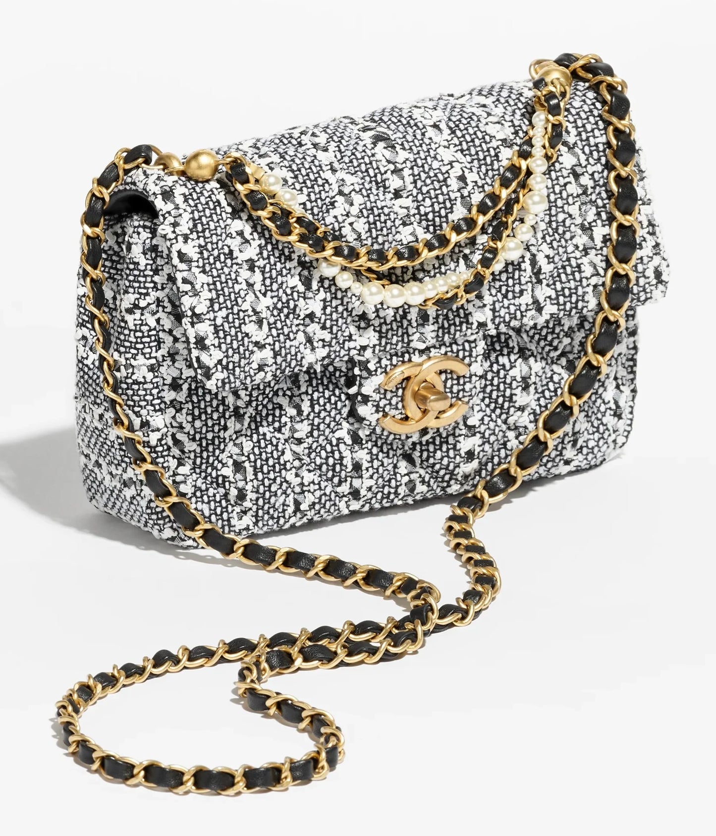 CHANEL CC Mini Pearl Flap Bag Sequin Tweed Black & White / Gold Hardware