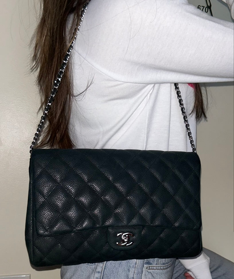 CHANEL Classic CC Quilted Single Flap Shoulder Bag Caviar Leather Black