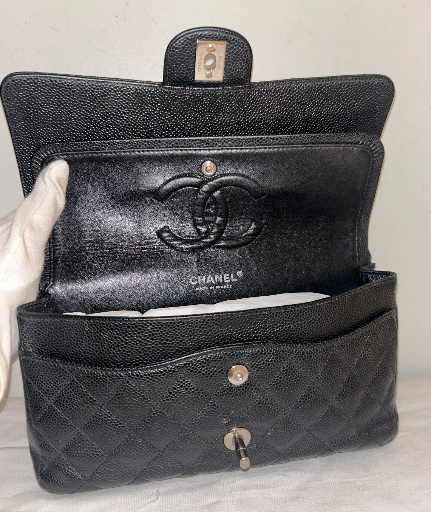 CHANEL Classic Medium Double Flap Quilted Caviar Leather Handbag Black