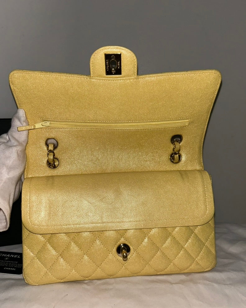 CHANEL Classic Iridescent Caviar Quilted Medium Double Flap Handbag Yellow