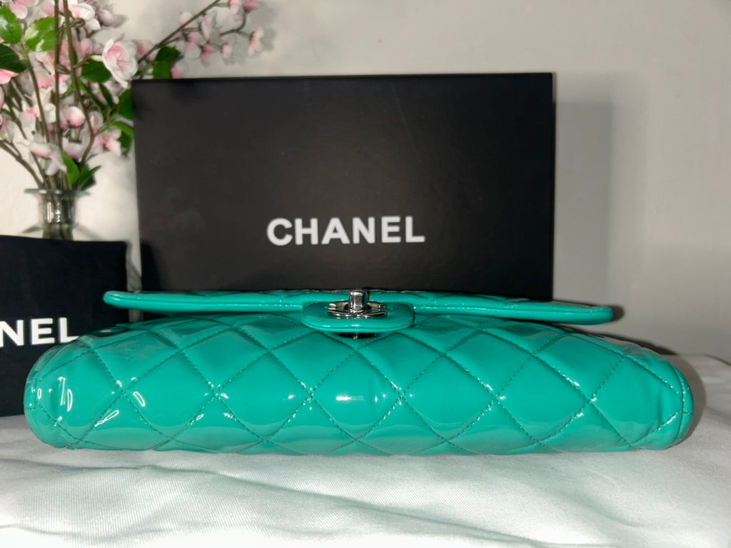 CHANEL CC Classic Quilted Patent Leather Single Flap Shoulder Bag Turquoise