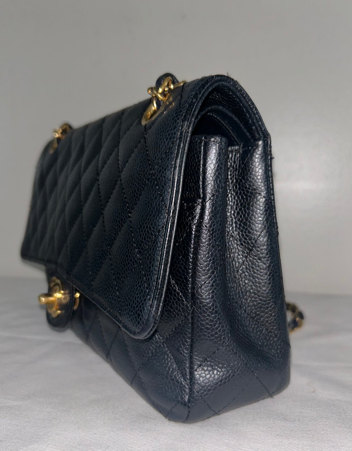 CHANEL Classic Medium Double Flap Quilted Caviar Leather Handbag Black/Gold