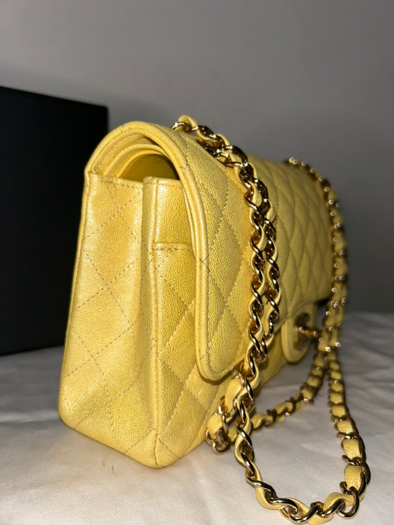 CHANEL Classic Iridescent Caviar Quilted Medium Double Flap Handbag Yellow