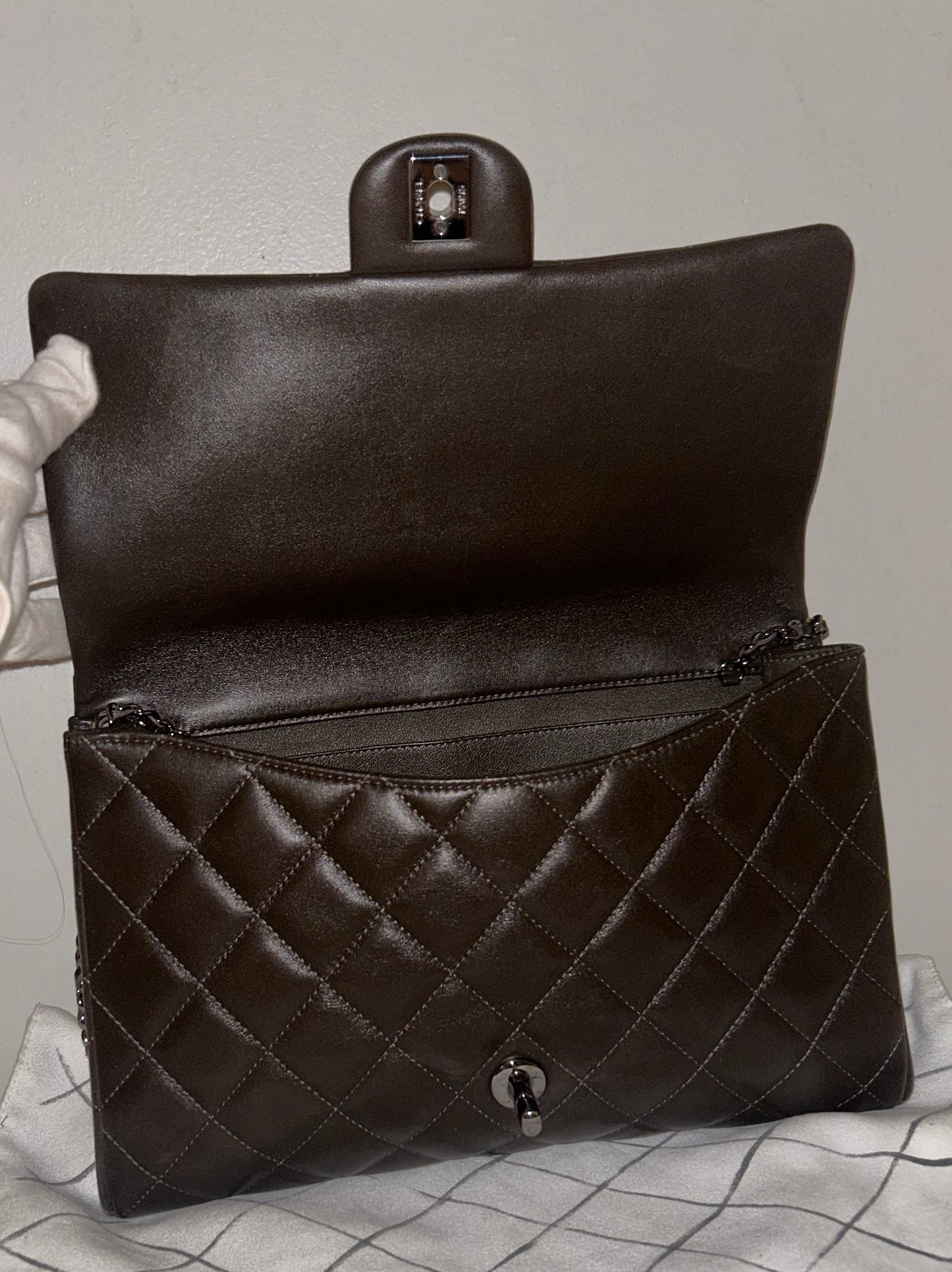 CHANEL Classic CC Quilted Flap Shoulder Bag Lambskin Leather Dark Brown