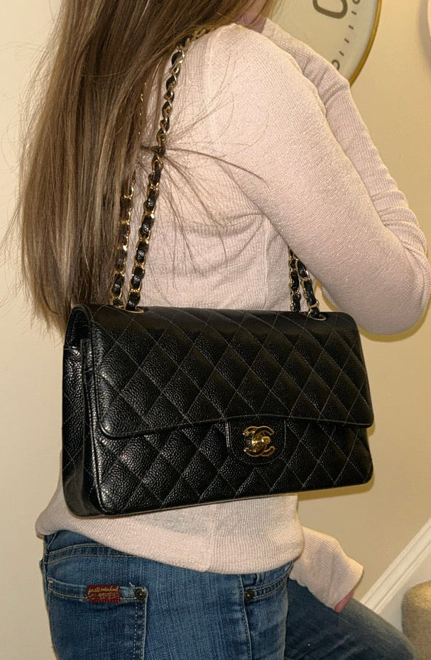 CHANEL Medium Classic Double Flap Caviar Quilted Handbag Black / 24k Gold
