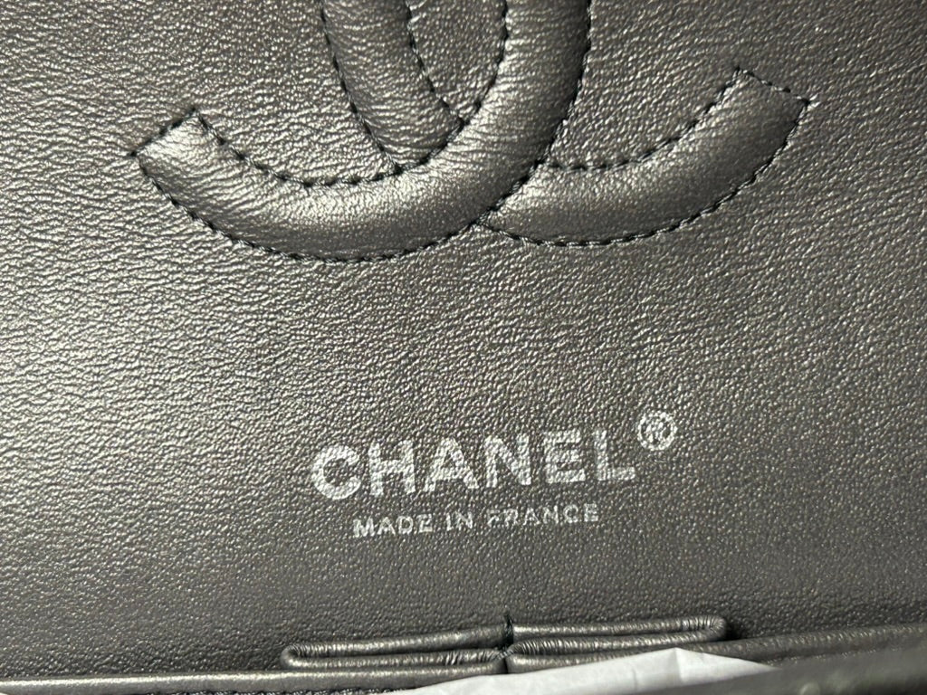 CHANEL Medium Double Flap Metallic Gray Pearlescent Leather Quilted Handbag