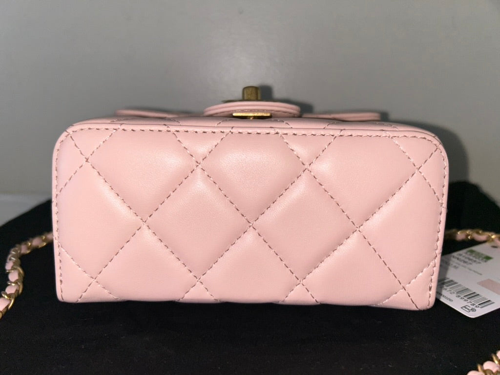 CHANEL 23S Mini Square Top Handle Flap Lambskin Leather Light Pink/Gold