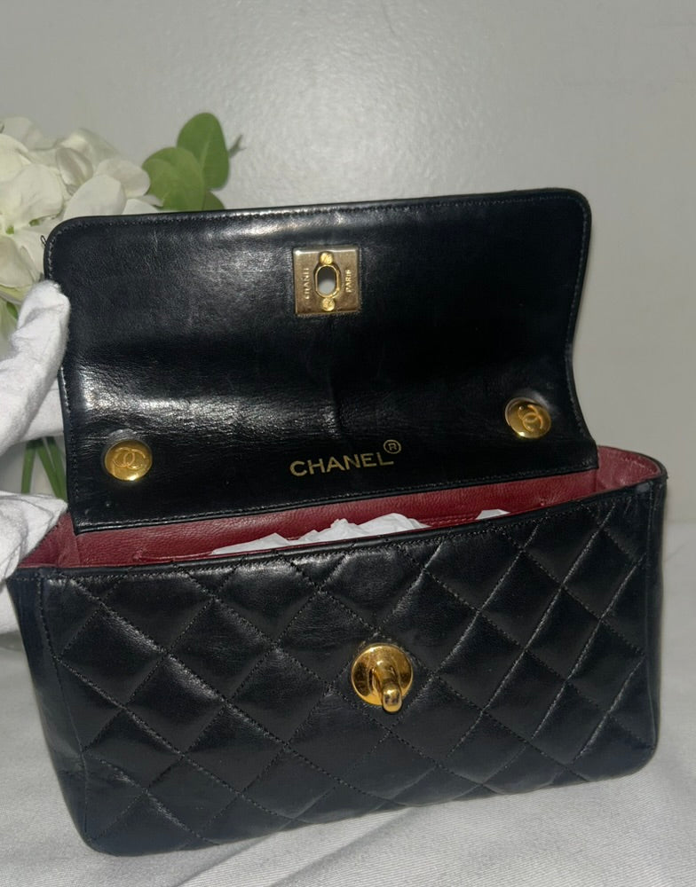 CHANEL Classic Mini Rectangular Flap Bag Quilted Lambskin Black / 24K Gold