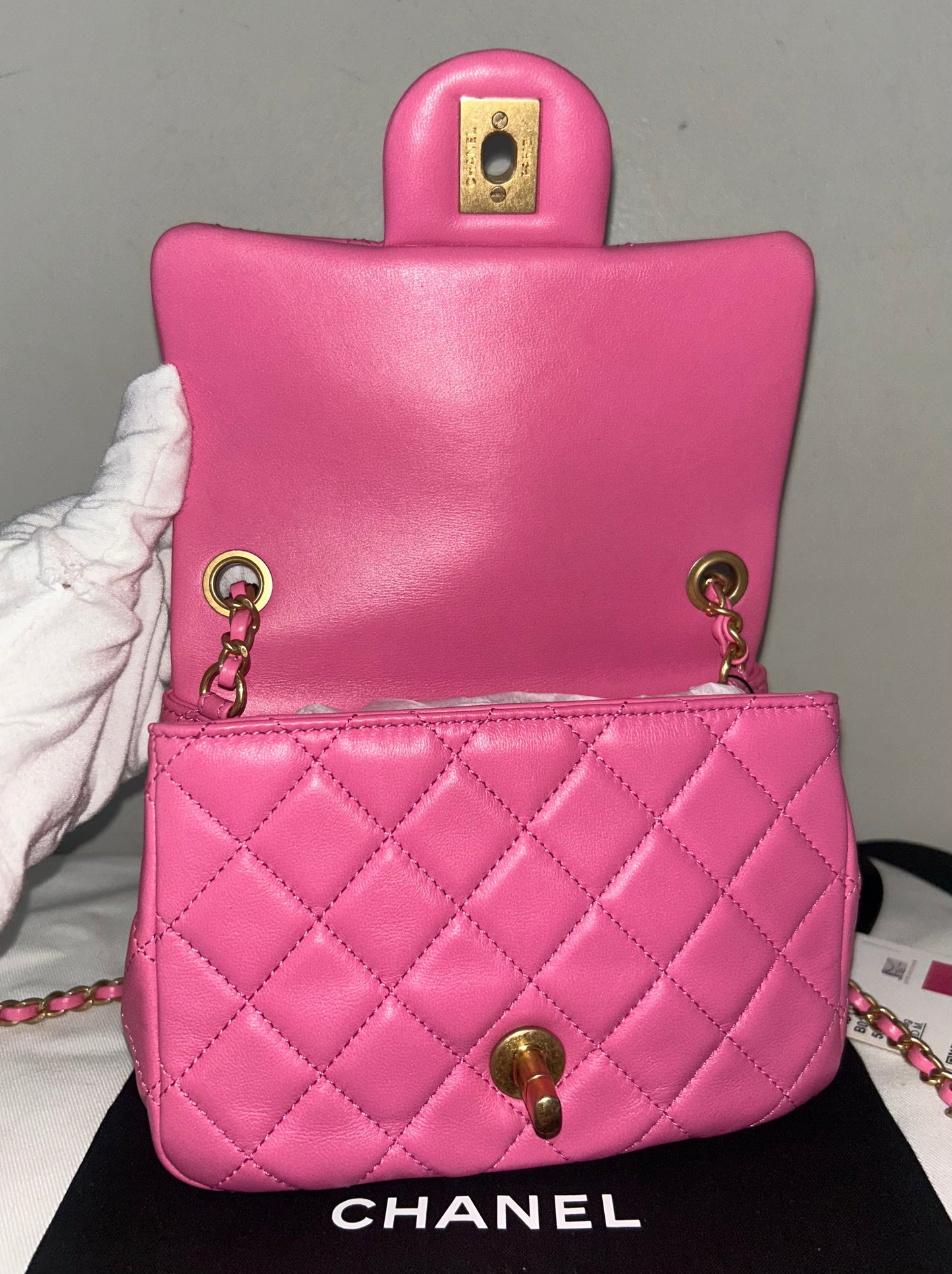 CHANEL Mini Square Pearl Crush Flap Bag Quilted Lambskin Pink / Gold