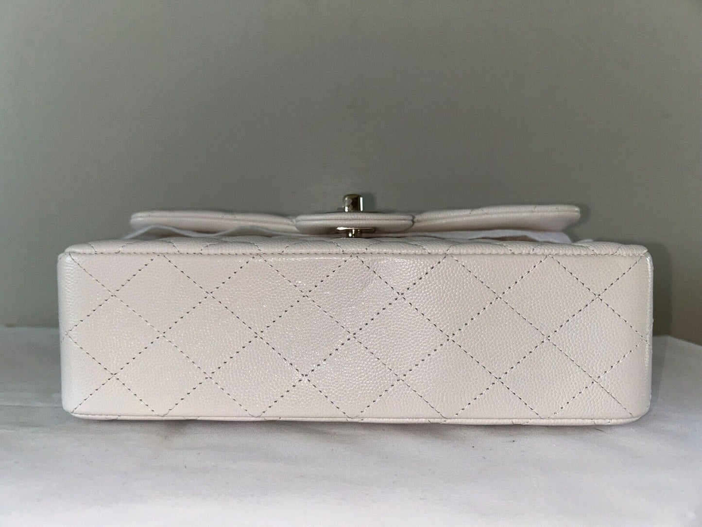 CHANEL Small Classic Double Flap Caviar Handbag White / Light Gold