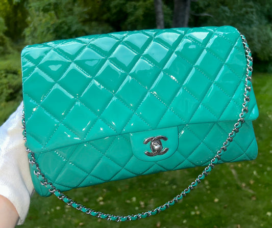 CHANEL CC Classic Quilted Patent Leather Single Flap Shoulder Bag Turquoise