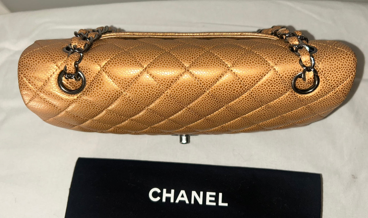 CHANEL Classic Medium Double Flap Metallic Caviar Leather Handbag Golden