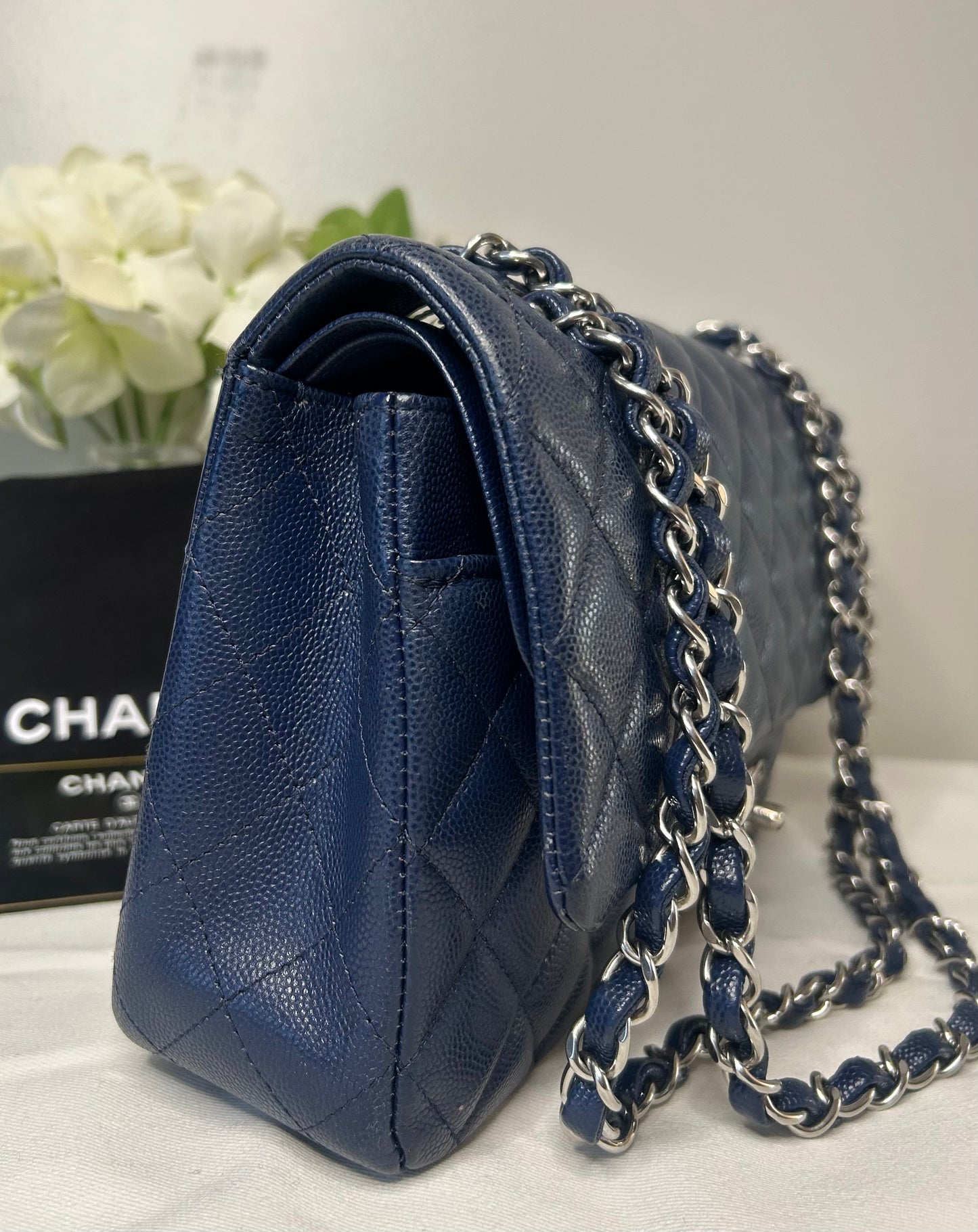 CHANEL Medium Classic Double Flap Caviar Quilted Handbag Dark Navy