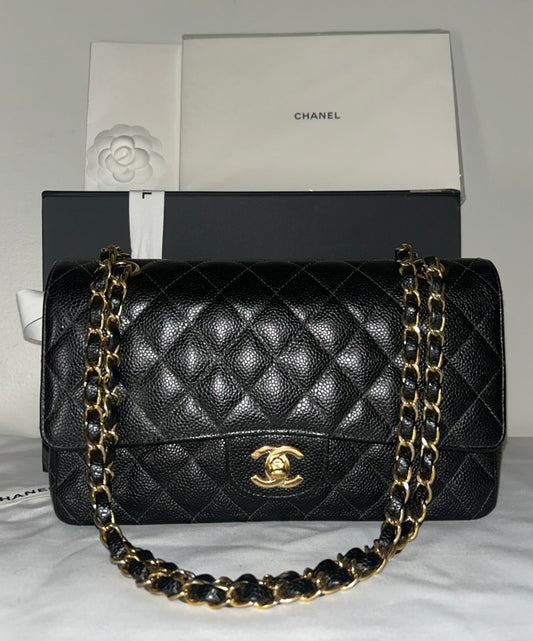 CHANEL Medium Classic Double Flap Caviar Quilted Handbag Black / 24k Gold