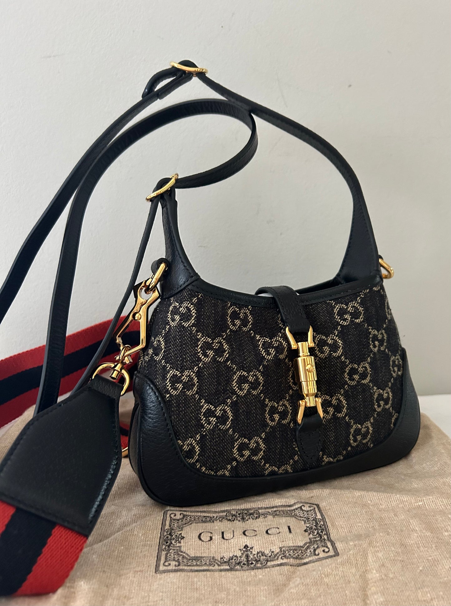 GUCCI Jackie 1961 Mini Shoulder Bag Black & Ivory GG Supreme Denim/Leather