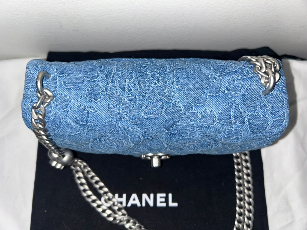 CHANEL 23P Sweetheart Crush Mini Flap Camellia Quilted Denim Blue Bag