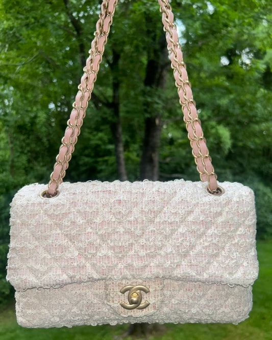 CHANEL Medium Classic Quilted Tweed Single Flap Bag Light Pink / Gold Hardware