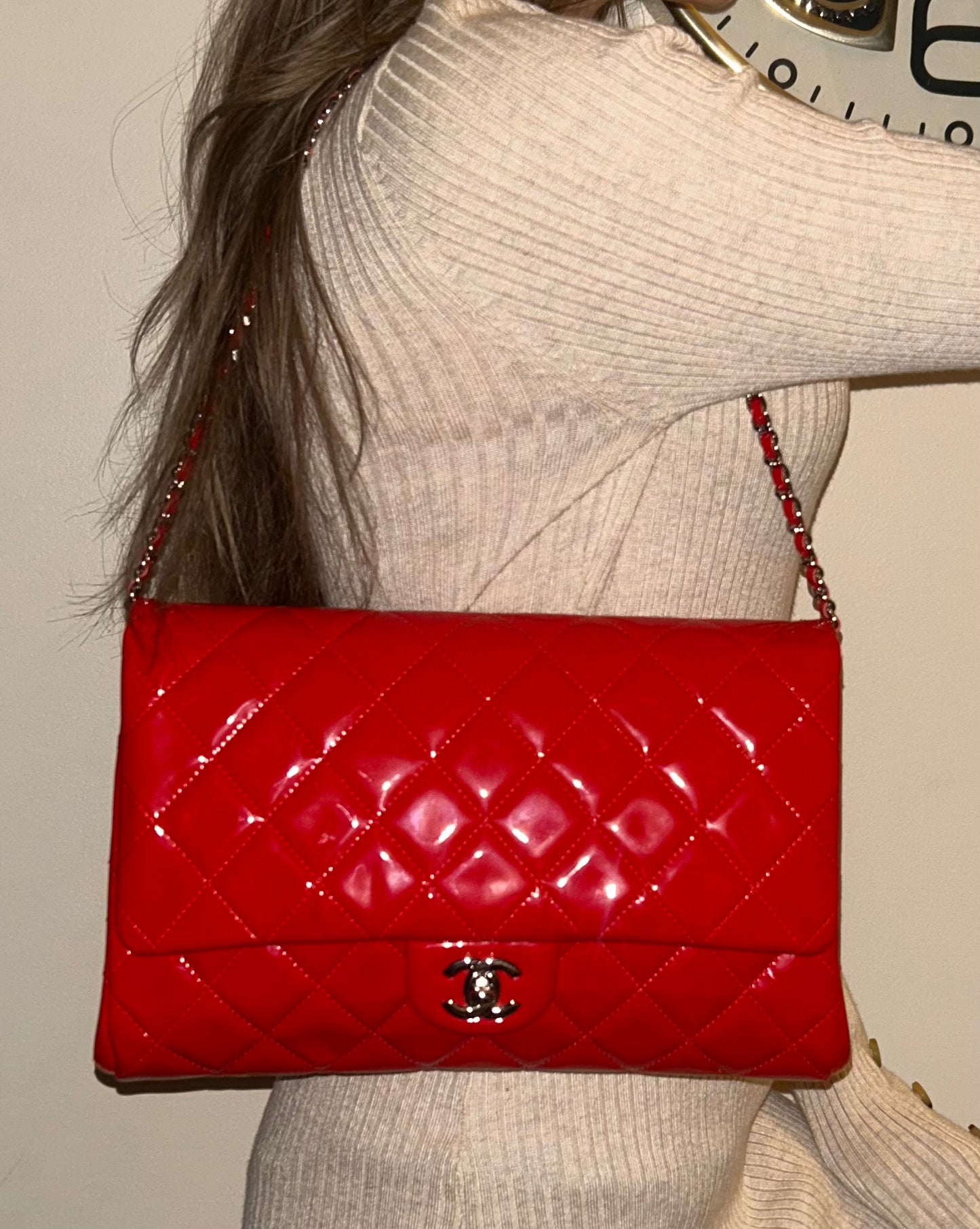 CHANEL CC Classic Quilted Patent Leather Single Flap Shoulder Bag Red