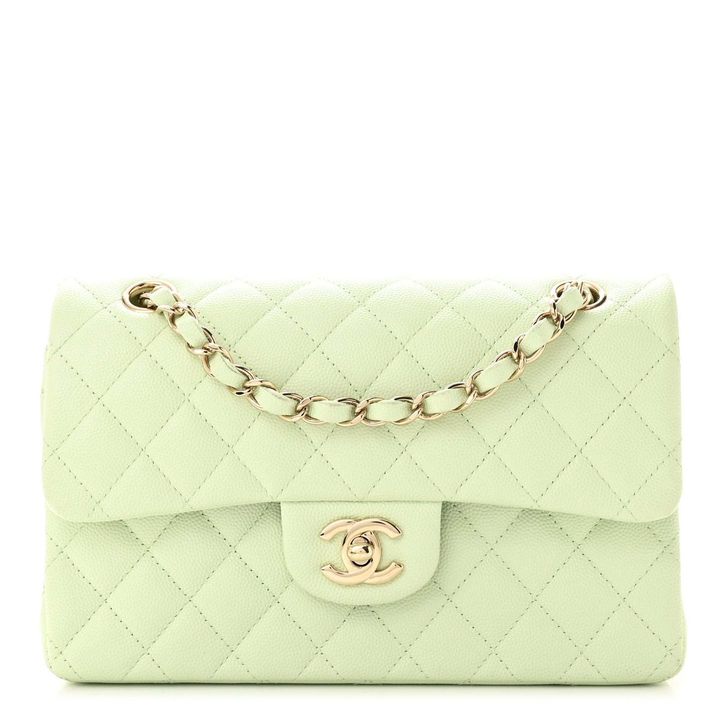 CHANEL 22C Small Classic Double Flap Caviar Handbag Mint/Light Gold HW