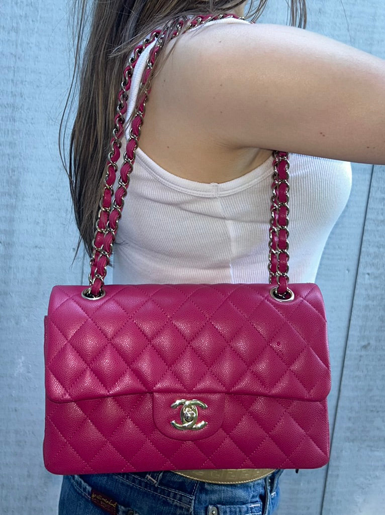 CHANEL 21A Classic CC Small Double Flap Quilted Caviar Handbag Pink/Light Gold