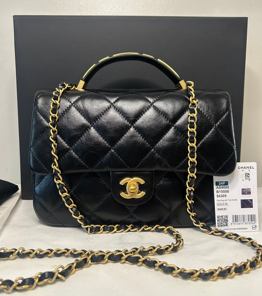 CHANEL 24P Top Handle Medium Flap Bag Lambskin Black Limited Edition NWT
