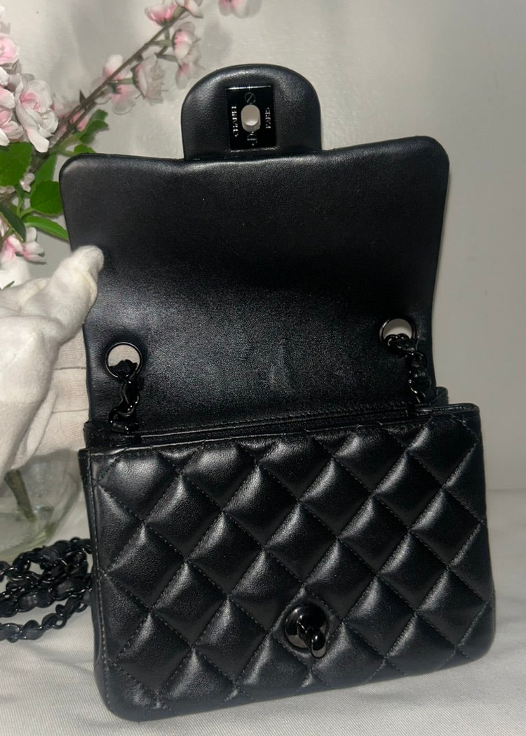 CHANEL "So Black" Mini Square Classic Flap Bag Quilted Lambskin Black