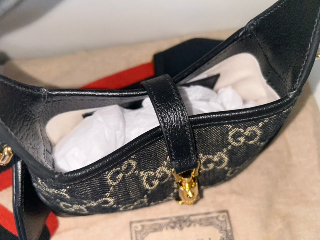 GUCCI Jackie 1961 Mini Shoulder Bag Black & Ivory GG Supreme Denim/Leather