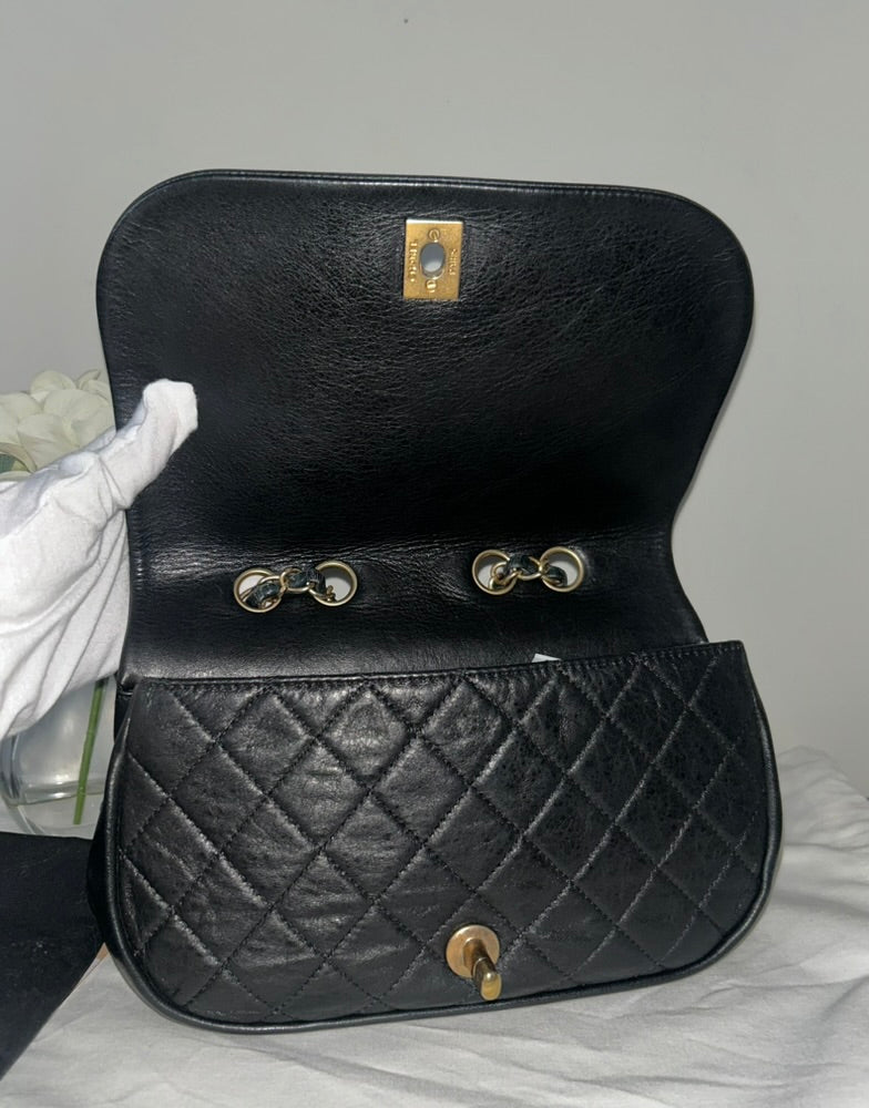 CHANEL CC Braided Saddle Flap Bag Quilted Lambskin Black/Dark Navy