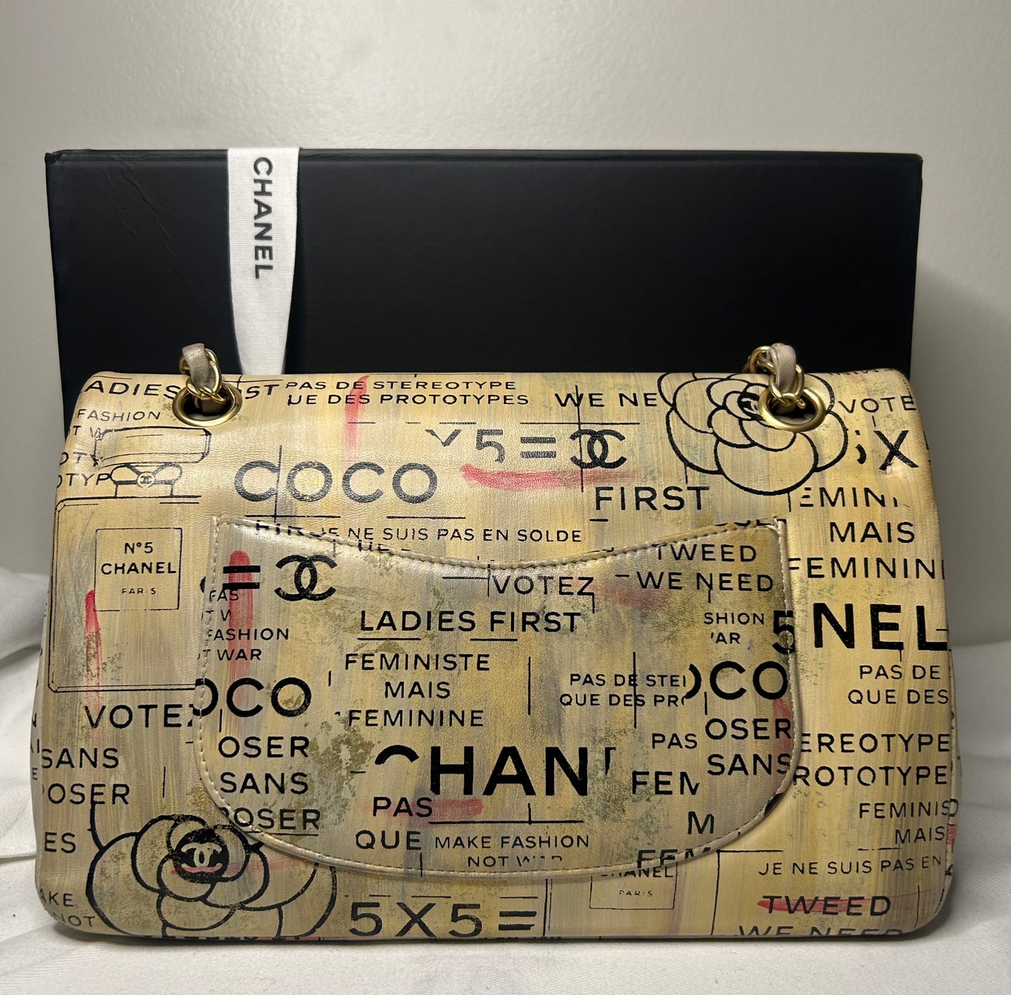 CHANEL Graffiti Newsprint Logo Medium Double Flap Lambskin Handbag Beige